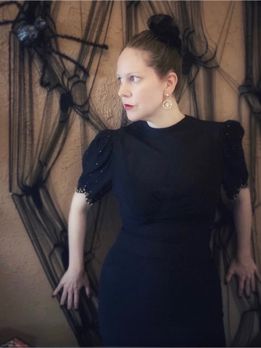 VTG 1940’s 40’s Puff Sleeves Black Rayon Long Maxi Gown With Gold Grommets Dress